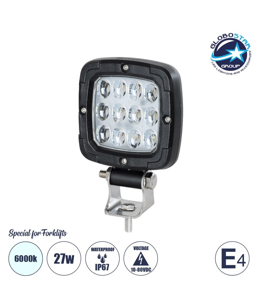 GloboStar® 85454 E4 Mark Vehicle & Forklift Work Lights - Φώτα Εργασίας για Οχήματα Περονοφόρα - Κλάρκ LED 27W DC 10-80V Αδιάβροχο IP67 Ψυχρό Λευκό 6000K Μ9.5 x Π3 x Υ13.5cm
